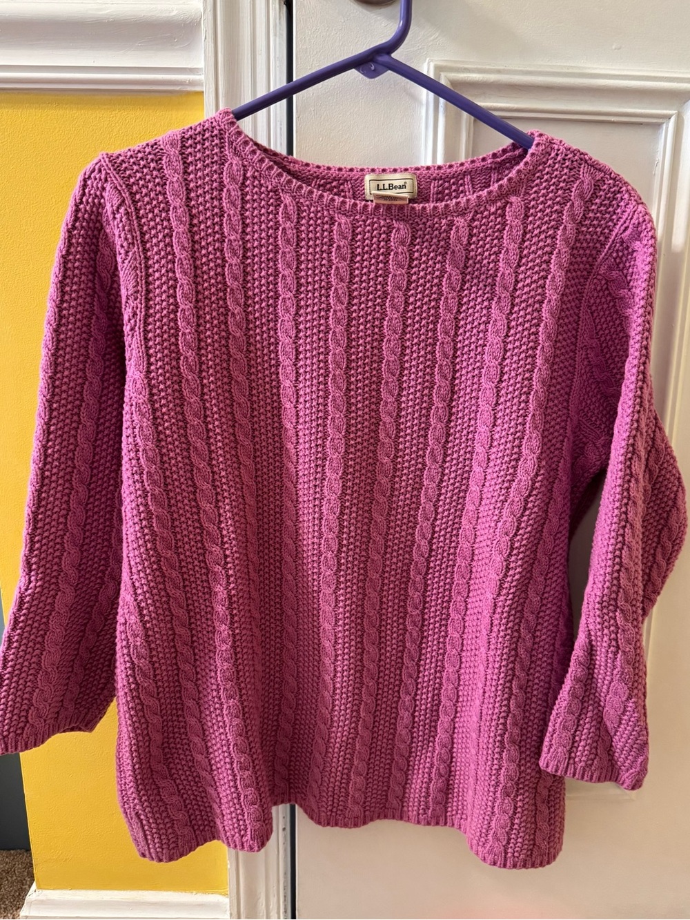 L.L. Bean Women's Cable Knit Crewneck 3/4 Sleeve Sweater in Raspberry